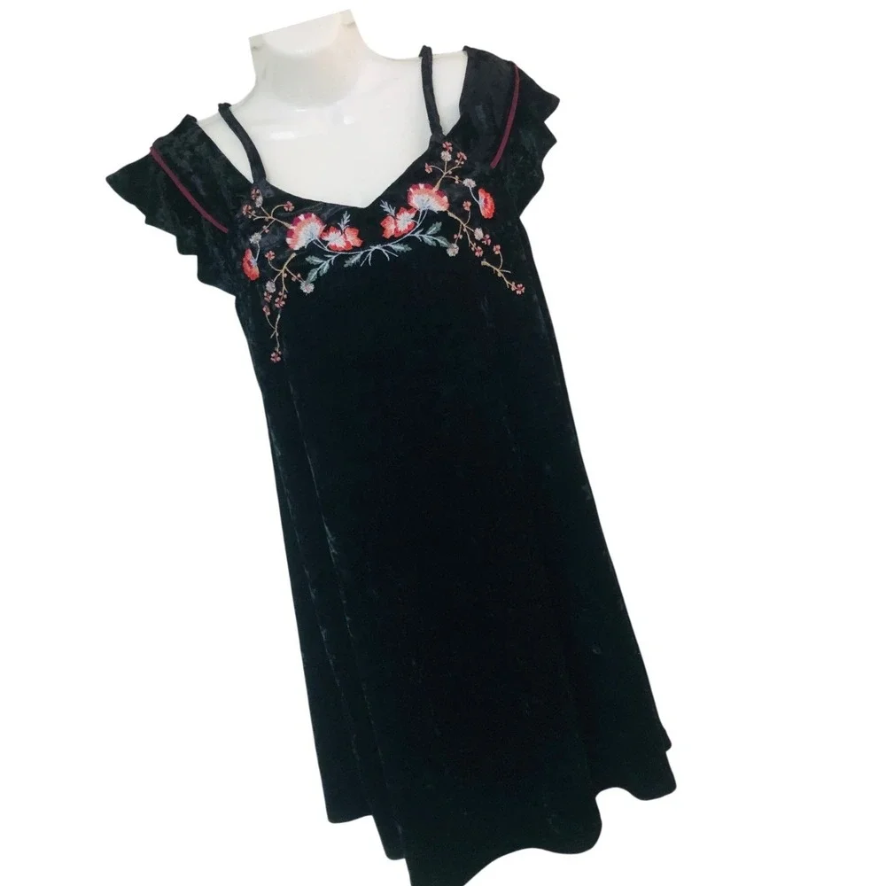 THML Velvet Mini Dress Floral Embroider Cold Shoulder Womens MP Fairy Whimsigoth